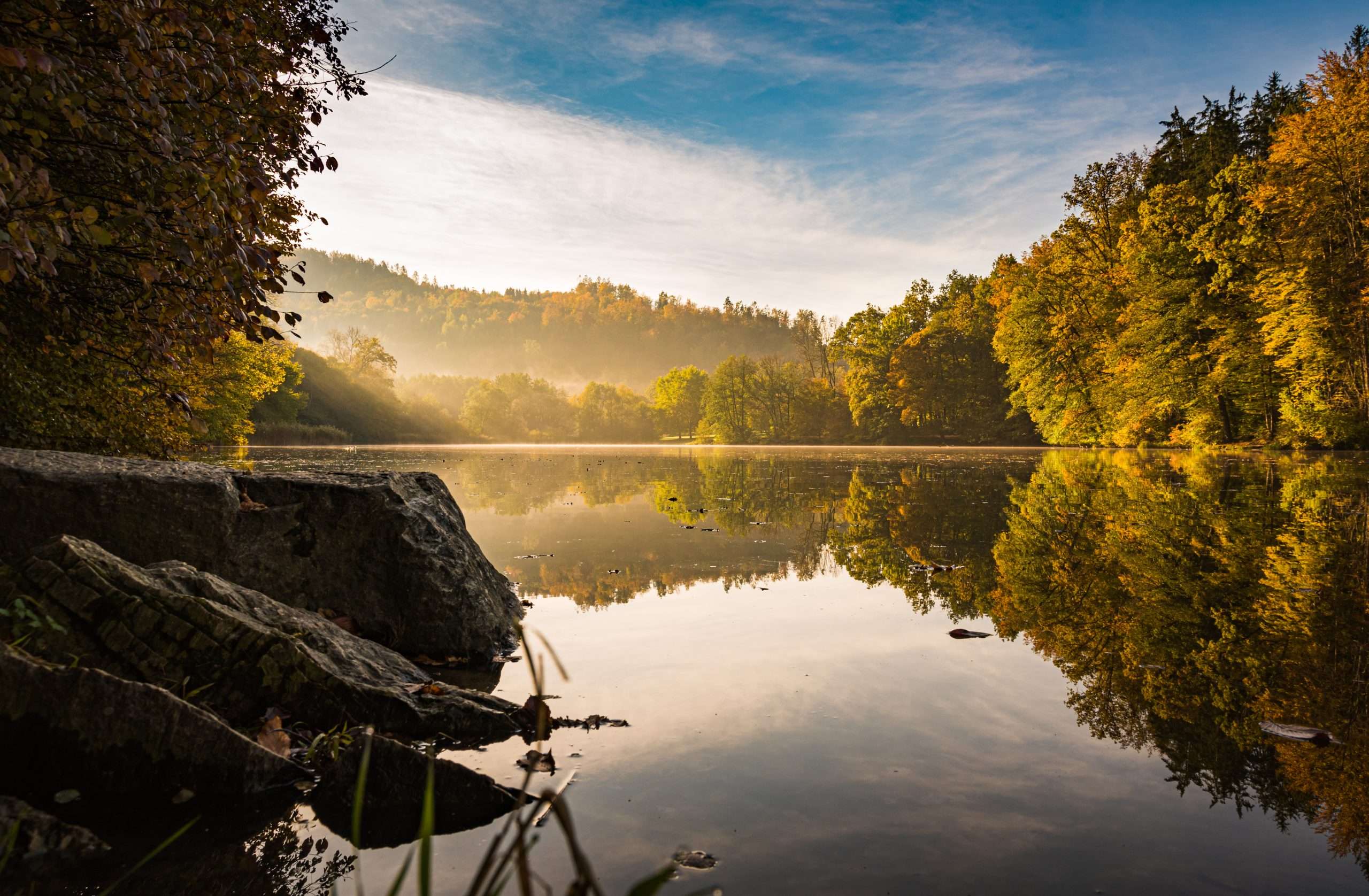 Lake fog landscape with Autumn foliage and tree reflections in Styria, Thal, Austria