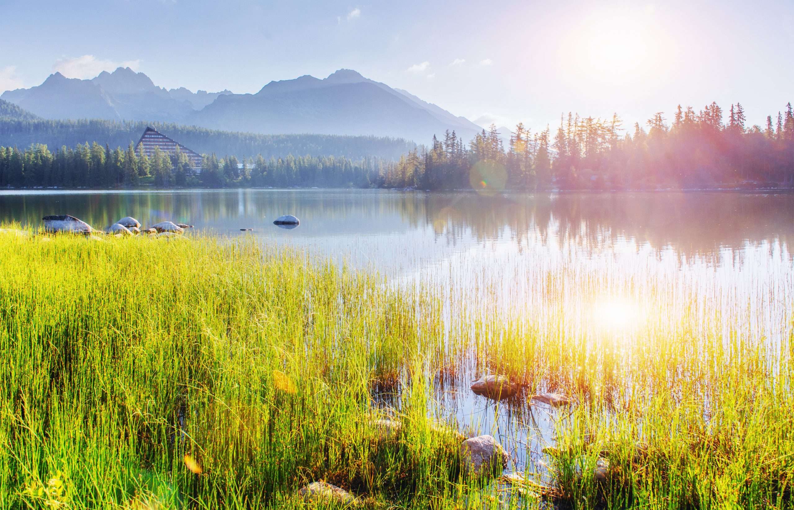 Majestic mountain lake in National Park High Tatra. Strbske pleso, Slovakia